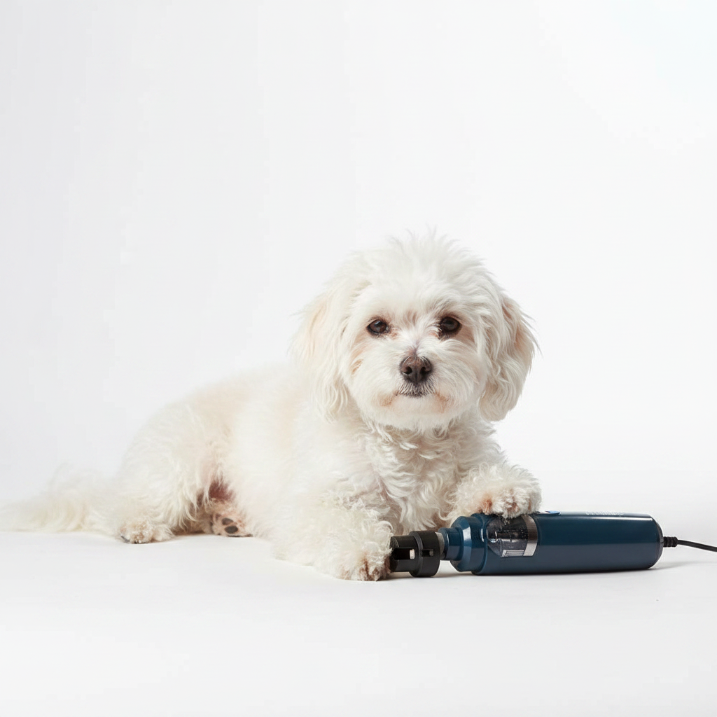Fluffy dog with paw next to electric nail grinder on white surface