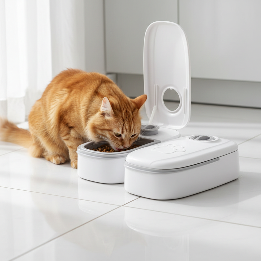 Orange tabby cat eating from automatic gravity pet feeder