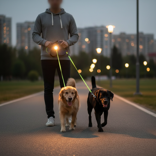Person walking two dogs with dual-head LED retractable leash at night