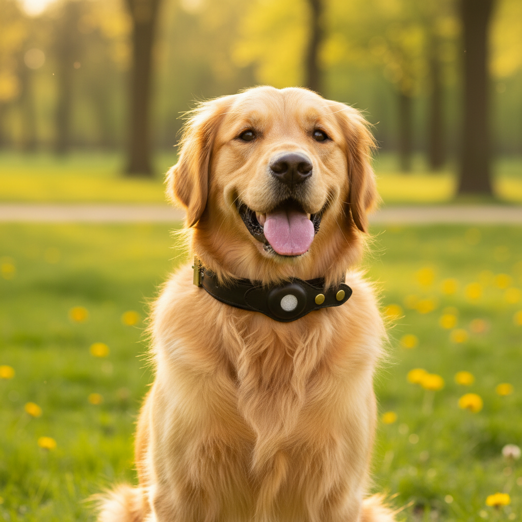 Golden retriever wearing GPS tracker in sunny park