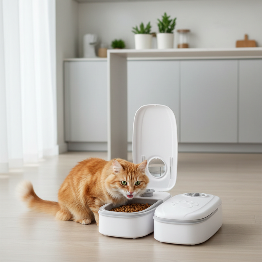 Automatic gravity pet feeder with cat in modern kitchen