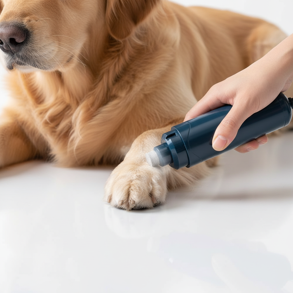 Electric nail grinder being used on calm fluffy dog paw